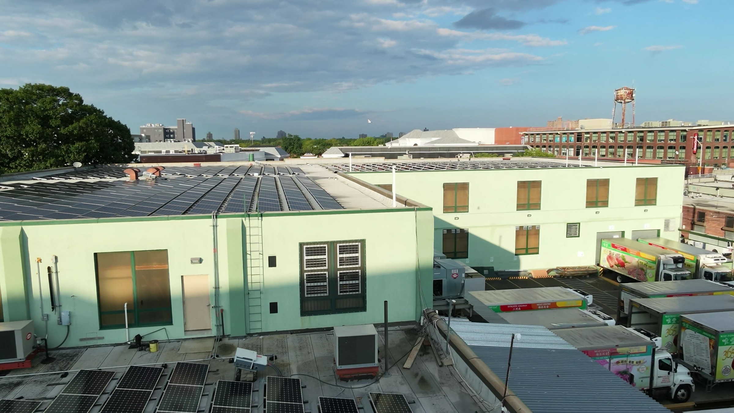 Rooftop solar on a cold-storage building in Queens, with the Manhattan skyline behind